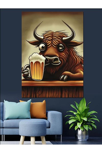 Tablomega Drinking Bull Decorative Canvas - Mdf Wooden Painting