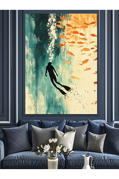 Tablomega Diver and Fishes Decorative Canvas - Mdf Wooden Painting
