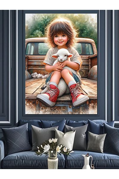 Tablomega Cute Girl and Lamb Decorative Canvas - Mdf Wooden Painting
