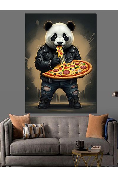 Tablomega Panda Holding Pizza Decorative Canvas - Mdf Wooden Table