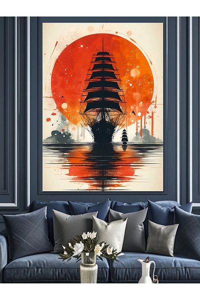 Tablomega Red Moon and Ship Decorative Canvas - Mdf Wooden Painting