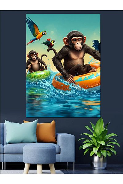 Tablomega Monkeys in a Boat Decorative Canvas - Mdf Wooden Painting