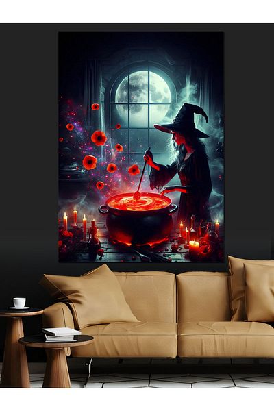 Tablomega Elixir Stirring Witch in the Cauldron Decorative Canvas - Mdf Wooden Table