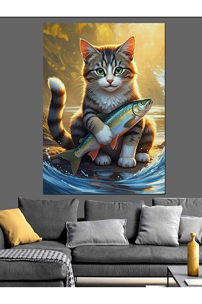 Tablomega Cat Holding a Fish Decorative Canvas - Mdf Wooden Painting