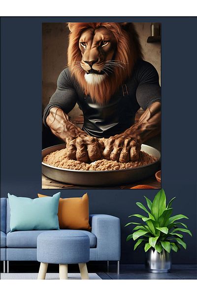 Tablomega Dough Kneading Lion Decorative Canvas - Mdf Wooden Table