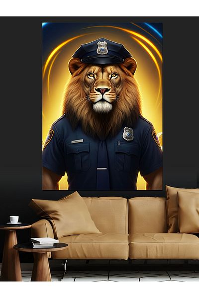 Tablomega Police Lion Decorative Canvas - Mdf Wooden Painting