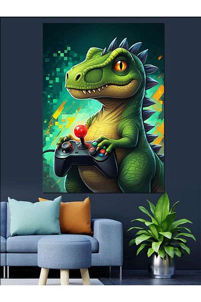 Tablomega Dinosaur Playing Video Game Decorative Canvas - Mdf Wooden Painting