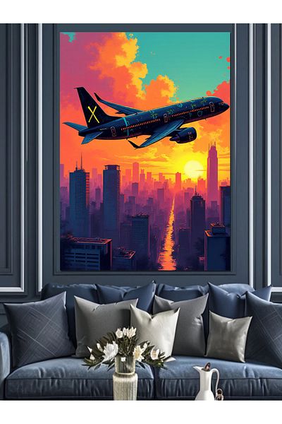 Tablomega Avion pe pânză decorativă la apus - pictură din lemn MDF