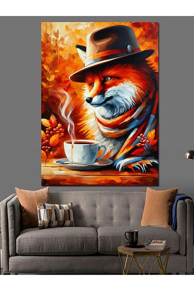 Tablomega Fox in Hat and Coffee Decorative Canvas - Mdf Wooden Painting