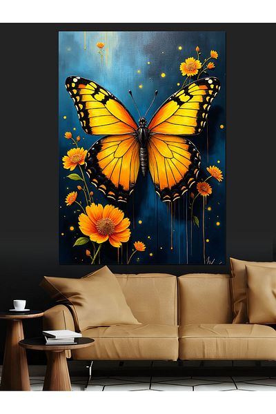 Tablomega Yellow Butterfly and Flowers Decorative Canvas - Mdf Wooden Painting