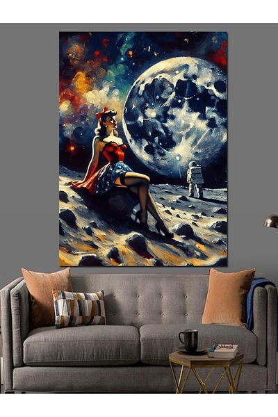 Tablomega Pin up Woman on the Moon Decorative Canvas - Mdf Wooden Painting