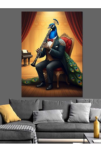 Tablomega Clarinet Playing Peacock Decorative Canvas - Mdf Wooden Painting