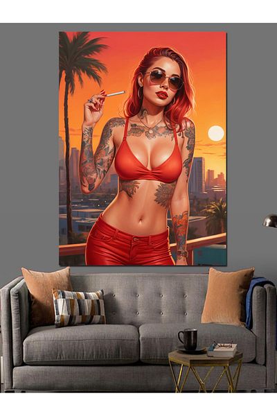 Tablomega Smoking Woman with Tattoo Decorative Canvas - Mdf Wooden Painting