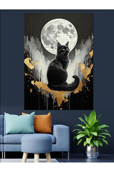Tablomega Moon and Black Cat Decorative Canvas - Mdf Wooden Painting