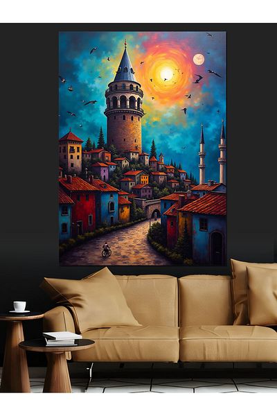 Tablomega Galata Tower and Moon Decorative Canvas - Mdf Wooden Painting