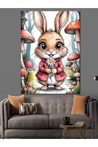 Tablomega Rabbit and Mushrooms Decorative Canvas - Mdf Wooden Painting