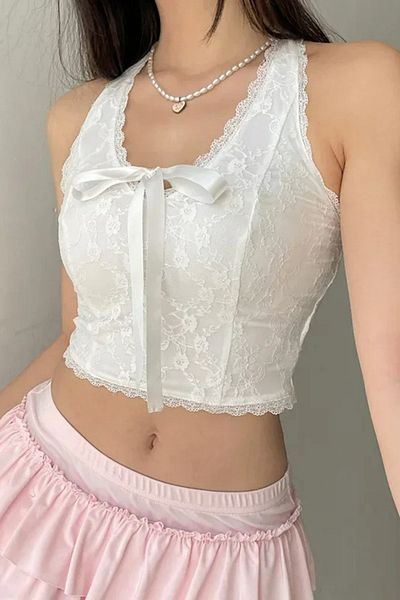 Karakedi White Lace Ribbon Halter Crop