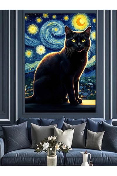 Tablomega Starry Night Cat Decorative Canvas - Mdf Wooden Painting