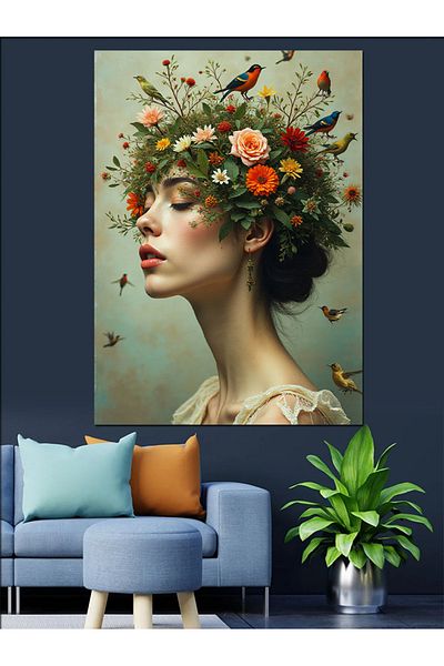 Tablomega Pânză decorativă pentru femei cu coroană de flori - Lemn MDF