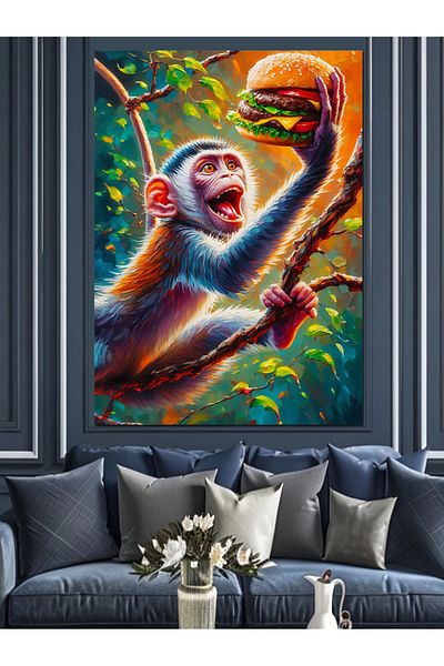 Tablomega Monkey Eating Hamburger Decorative Canvas - Mdf Wooden Table