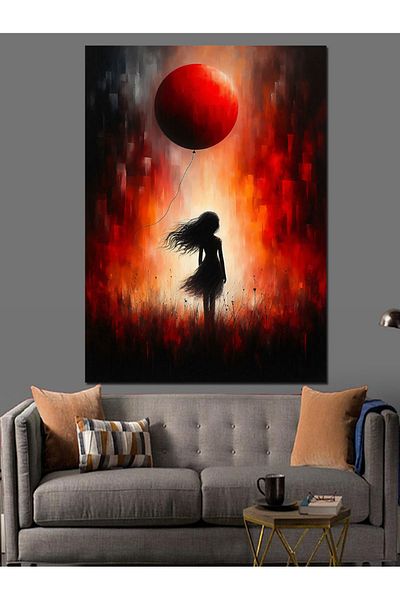 Tablomega Red Moon and Girl Silhouette Decorative Canvas - Mdf Wooden Painting