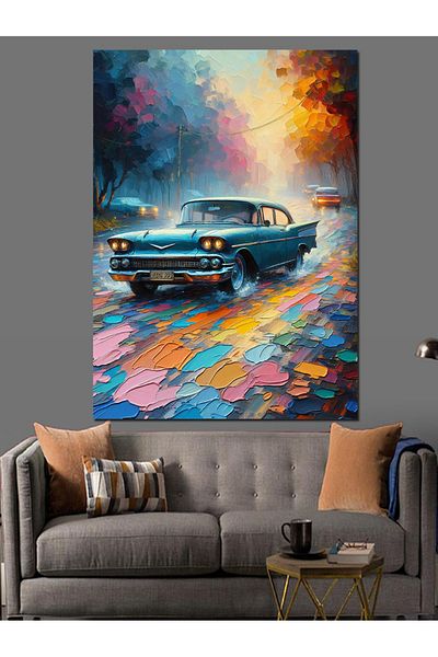 Tablomega Colorful Street and Classic Car Decorative Canvas - Mdf Wooden Painting