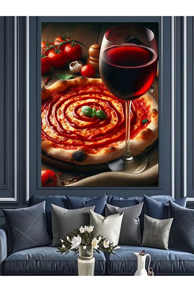Tablomega Pizza and Wine Decorative Canvas - Mdf Wooden Table