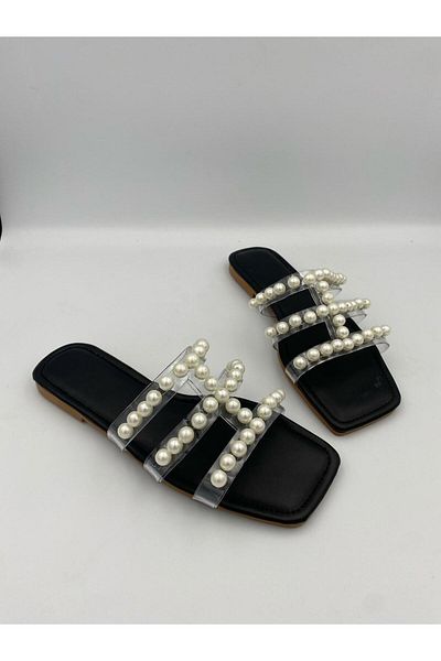 Ömer Ediz Shoes Papuci de damă PERPA cu bretele transparente cu detalii perle – Sandale plate de vară