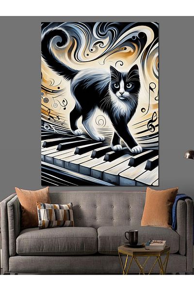 Tablomega Black Cat on the Piano Decorative Canvas - Mdf Wooden Painting