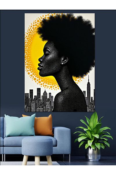 Tablomega Pânză decorativă pentru femei afro galbene - Lemn MDF