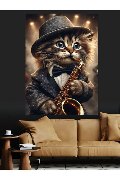Tablomega Cat Playing Saxophone Decorative Canvas - Mdf Wooden Painting