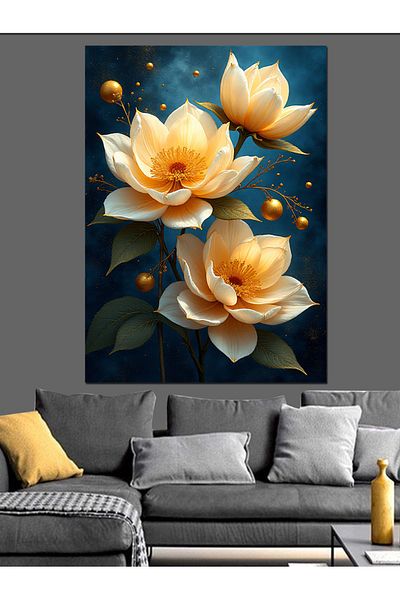 Tablomega Gold Colored Flowers Decorative Canvas - Mdf Wooden Painting
