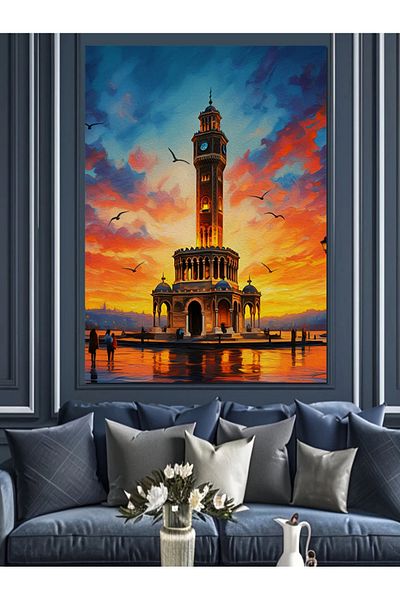Tablomega Izmir Clock Tower Sunset Decorative Canvas - Mdf Wooden Painting