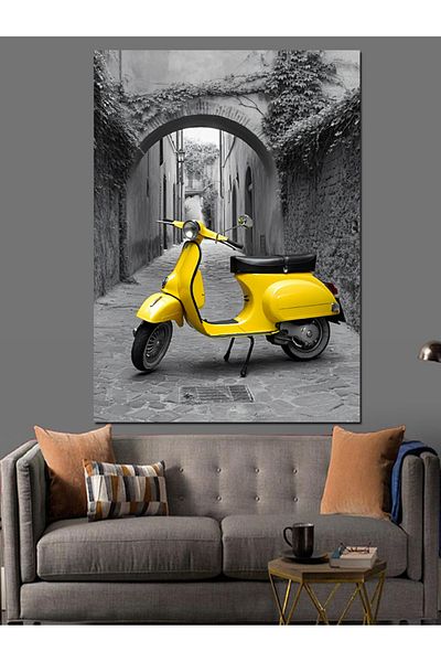 Tablomega Yellow Vespa Decorative Canvas in Narrow Street - Mdf Wooden Painting
