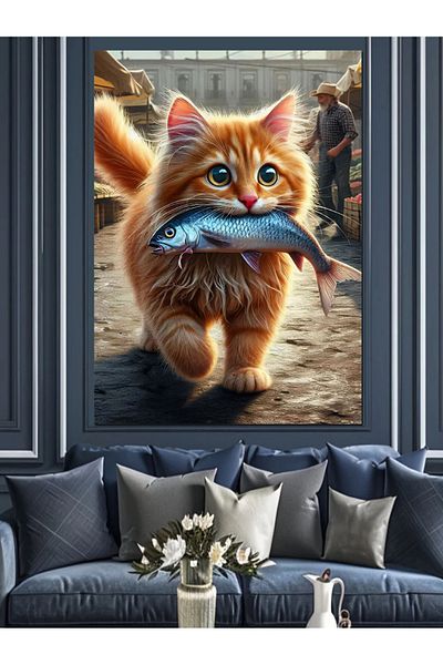 Tablomega Fish Caught Cat Decorative Canvas - Mdf Wooden Painting