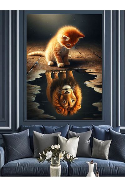 Tablomega Moon and Lion in the Lake Decorative Canvas - Mdf Wooden Painting