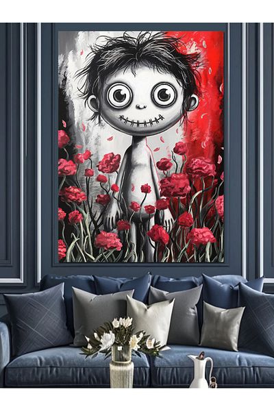 Tablomega Gothic Character Decorative Canvas Surrounded by Flowers - Mdf Wooden Painting