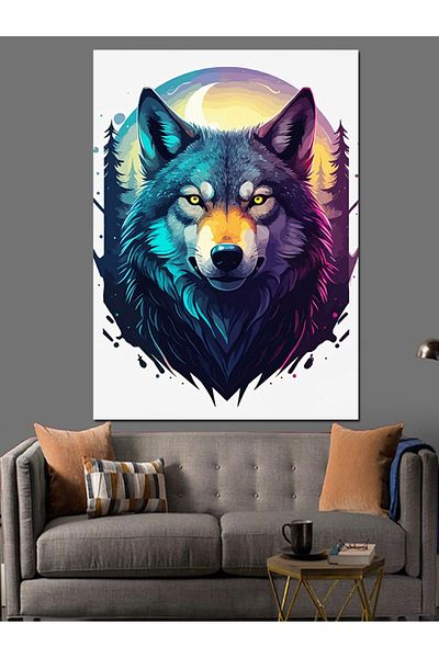 Tablomega Pânză decorativă Neon Wolf Portrait - Lemn MDF