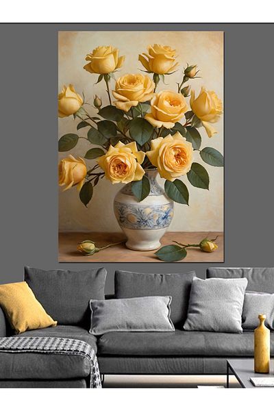 Tablomega Yellow Roses in Vase Decorative Canvas - Mdf Wooden Painting
