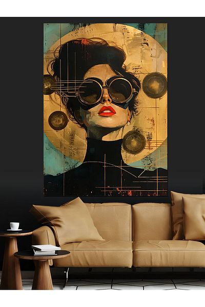 Tablomega Pânză decorativă pentru femei cu ochelari retro - masă din lemn MDF