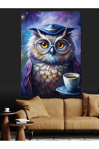 Tablomega Coffee Drinking Wise Owl Decorative Canvas - Mdf Wooden Painting
