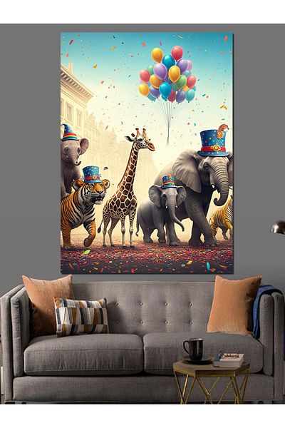 Tablomega Animals with Balloons Decorative Canvas - Mdf Wooden Painting
