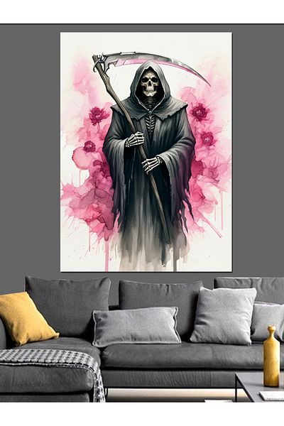 Tablomega Pink Floral Death Figure Decorative Canvas - Mdf Wooden Painting