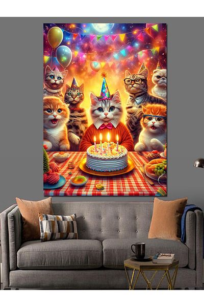 Tablomega Cat Birthday Party Decorative Canvas - Mdf Wooden Painting