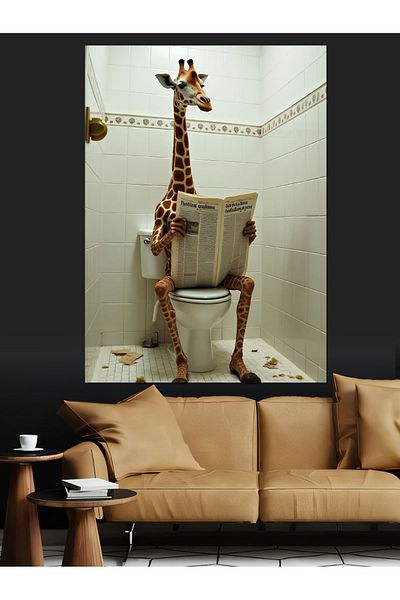 Tablomega Giraffe Reading Newspaper Decorative Canvas - Mdf Wood Table