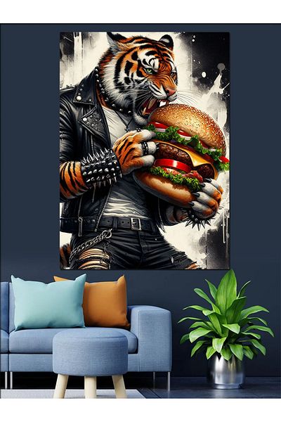 Tablomega Canvas Decorativ Tigru care ține un burger - Lemn MDF