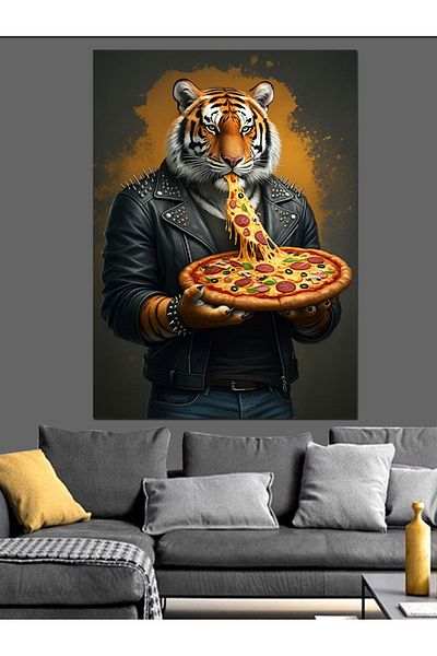 Tablomega Tiger Holding Pizza Decorative Canvas - Mdf Wooden Table