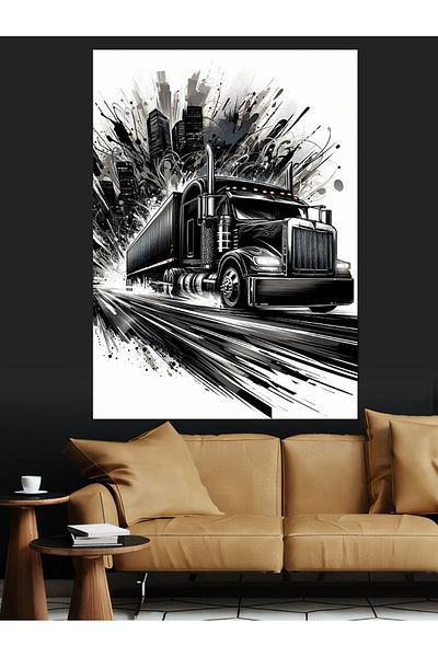 Tablomega Black-White Truck Drawing Decorative Canvas - Mdf Wooden Painting