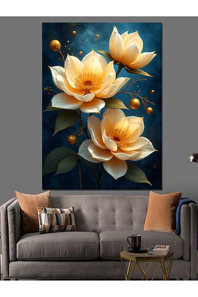 Tablomega Gold Colored Flowers Decorative Canvas - Mdf Wooden Painting