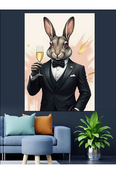 Tablomega Rabbit Holding a Glass Decorative Canvas - Mdf Wooden Painting